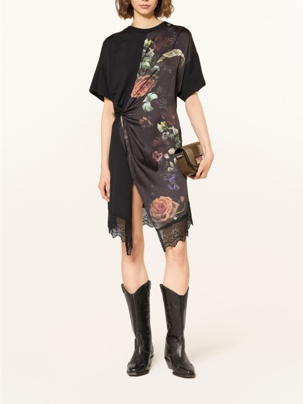 All Saints LANA LACE Day dress black floral print cotton mix size 6-
